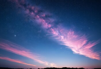 Poster - A stunning night sky with a galaxy-like structure of pink and purple clouds, a shooting star, and a few distant stars