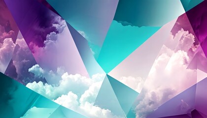 Aufkleber - a digital collage featuring a vibrant sky with clouds in shades of purple, blue, and white The sky is composed of overlapping triangular shapes, creating a sense
