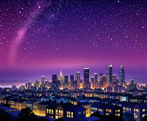 Poster - A night view city skyline with tall buildings and a starry sky