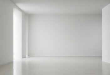 Fototapete - A minimalist, white-themed room with a large window on the left wall, a door on the right wall, and a clean, reflective floor
