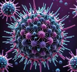 Leinwandbilder - a virus particle, with a complex structure of spikes and spikes in shades of blue and purple against a dark purple background