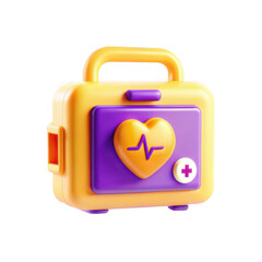 Poster - A vibrant 3D rendered medical kit featuring a heart symbol and pulse line, designed in bright yellow and purple colors, ideal for children's toys or healthcare illustrations.