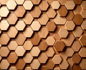 Aufkleber - A close-up view wooden wall panel composed of numerous hexagonal tiles arranged in a repeating pattern