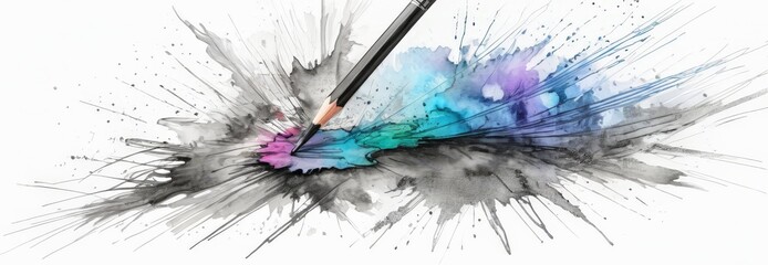 Poster - A pencil is used to create a splash of color on a black and white watercolor painting, with the pencil's tip pointing towards the center of the splash