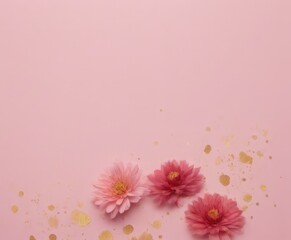 Aufkleber - Three pink flowers with gold accents are arranged diagonally on a pink background, with scattered gold glitter around them