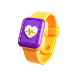 Poster - A vibrant 3D-rendered smartwatch featuring a heart design, ideal for tracking health, with yellow and purple colors, showcasing modern technology in a playful style.