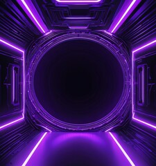 Aufkleber - A futuristic, neon-lit corridor with a large circular opening at the center, surrounded by a complex network of lines and patterns