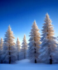 Poster - A group of snow-covered pine trees stand tall against a clear blue sky, their branches reaching upwards as if reaching for the heavens.