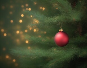 Aufkleber - A red Christmas ornament hangs from a tree branch, surrounded by blurred green pine needles and twinkling golden lights