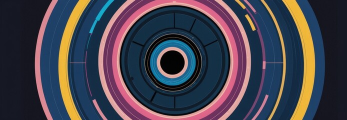 Poster - a circular pattern with concentric circles of varying colors, including blue, pink, yellow, and black, creating a visually striking and abstract design