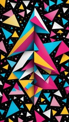 Poster - a vibrant abstract composition of overlapping triangles in various colors, including pink, blue, yellow, and white, against a black background with scattered white and yellow dots