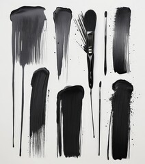 Poster - A collection of black paint strokes and brushes arranged in a grid-like pattern against a white background