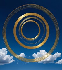 Poster - a circular design with golden rings against a blue sky with white clouds