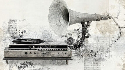 An artistic illustration featuring a vintage record player and a trumpet horn, blending musical nostalgia with detailed artistic elements in monochrome tones.