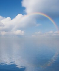 Poster - A vibrant rainbow arches across the sky, its colors reflected in the calm, blue waters below