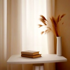 Leinwandbilder - A minimalist white table with two books and a vase of dried grass sits against a light-colored wall, with a window draped in white curtains in the background