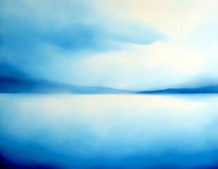 Poster - a serene landscape with a calm body of water reflecting the light blue sky The horizon line is visible in the distance, and the sky is filled with soft, wispy clouds The