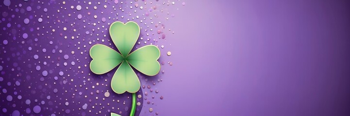 Aufkleber - A vibrant green clover with four leaves is centered against a purple background adorned with white polka dots