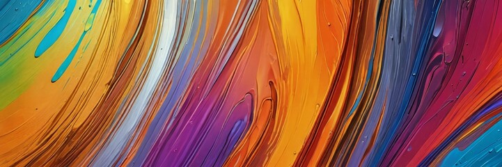 Poster - a vibrant abstract painting featuring a dynamic interplay of bold, curved lines in a variety of vivid colors, including yellow, orange, purple, blue, and green