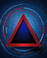Poster - a red triangle with a blue background, surrounded by concentric circles and lines in red, blue, and white