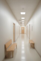 Poster - A long, dimly lit hallway with wooden benches on either side, creating a sense of solitude and quiet