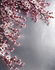 Poster - Delicate pink cherry blossoms in full bloom frame a textured gray background, creating a serene and tranquil atmosphere