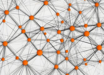 Leinwandbilder - a complex network of interconnected orange spheres, each connected by a network of black lines, creating a visually striking abstract pattern