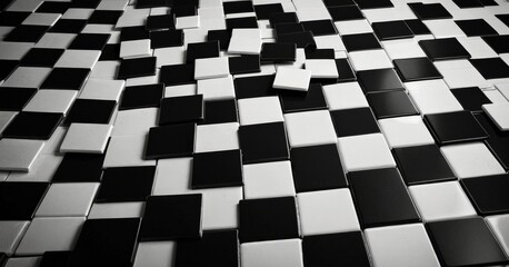 Poster - A black and white checkered pattern composed of numerous small square tiles, with some tiles missing or partially broken, creating a visually intriguing and abstract design