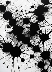 Poster - an abstract black and white composition featuring a chaotic arrangement of splatters and drips, creating a sense of randomness and energy