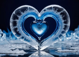 Leinwandbilder - A heart-shaped ice sculpture with a blue heart and a blue crystal in the center, surrounded by ice crystals, against a dark background.