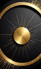 Poster - a circular design with a golden sunburst at its center, surrounded by a black background and gold glittering accents.