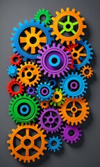 Poster - A collection of colorful gears in various shapes and sizes, arranged in a visually striking composition against a dark background