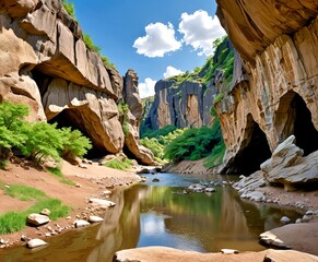 Aufkleber - A serene natural landscape features towering rock formations on either side calm river, with lush greenery and a clear blue sky above
