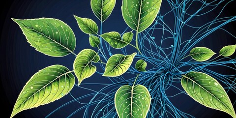 Poster - a close-up view plant with green leaves and blue veins, set against a dark background