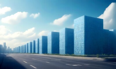 Poster - A row of tall, blue glass buildings stretches across the horizon, their reflective surfaces mirroring the sky and surrounding cityscape