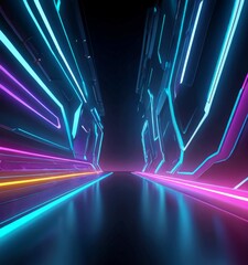 Aufkleber - A futuristic corridor with neon-colored lines and a reflective floor, creating a sense of depth and movement
