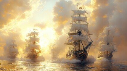 Poster - Sailing Ships at Sunset: A Vintage Maritime Artwork