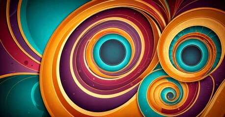 Poster - a vibrant abstract composition of overlapping concentric circles in various shades of blue, orange, and purple, creating a visually striking and dynamic pattern