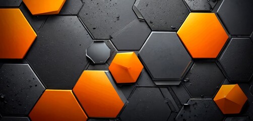 Poster - a geometric pattern composed of hexagonal shapes in varying shades of orange and black, creating a visually striking and abstract design