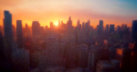 Poster - a cityscape at sunset, with the sun's warm glow illuminating the buildings and creating a hazy, dreamlike atmosphere