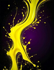 Poster - a dynamic and abstract representation of yellow paint splashing against a dark purple background The splashes are arranged in a curved and swirling manner, creating a sense