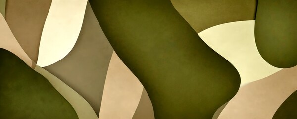 Fototapete - a complex abstract composition of overlapping shapes in various shades of green, beige, and brown, creating a visually striking and dynamic pattern