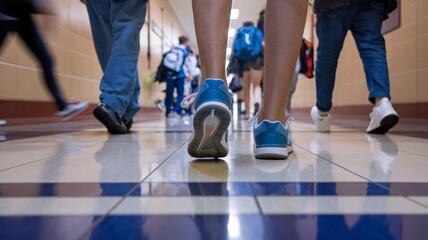 A low-angle shot of students walking in a school hallway, their footsteps echoing on the shiny tiled floor. The focus is on the feet of one student, wearing blue sneakers.