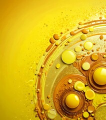 Poster - a vibrant abstract composition of overlapping circles and droplets of yellow and brown liquid against a yellow background