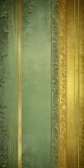 a textured green background with gold decorative elements, including vertical stripes and floral patterns, creating a visually appealing and ornate design