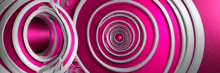 Poster - a spiral pattern, with concentric circles of varying sizes and shades of pink and silver, creating a visually striking and abstract design