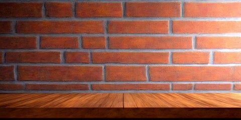 Aufkleber - A wooden table sits against a brick wall, creating a simple and minimalist composition