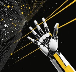 Poster - a robotic hand with white and yellow appendages reaching out against a black background with yellow and white lines and dots, suggesting a connection to the cosmos.