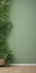 Poster - A potted palm plant stands on a wooden floor, with a green wall in the background