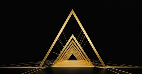 Fototapete - A series of golden triangles, each with a unique design, form a tunnel-like structure against a black background